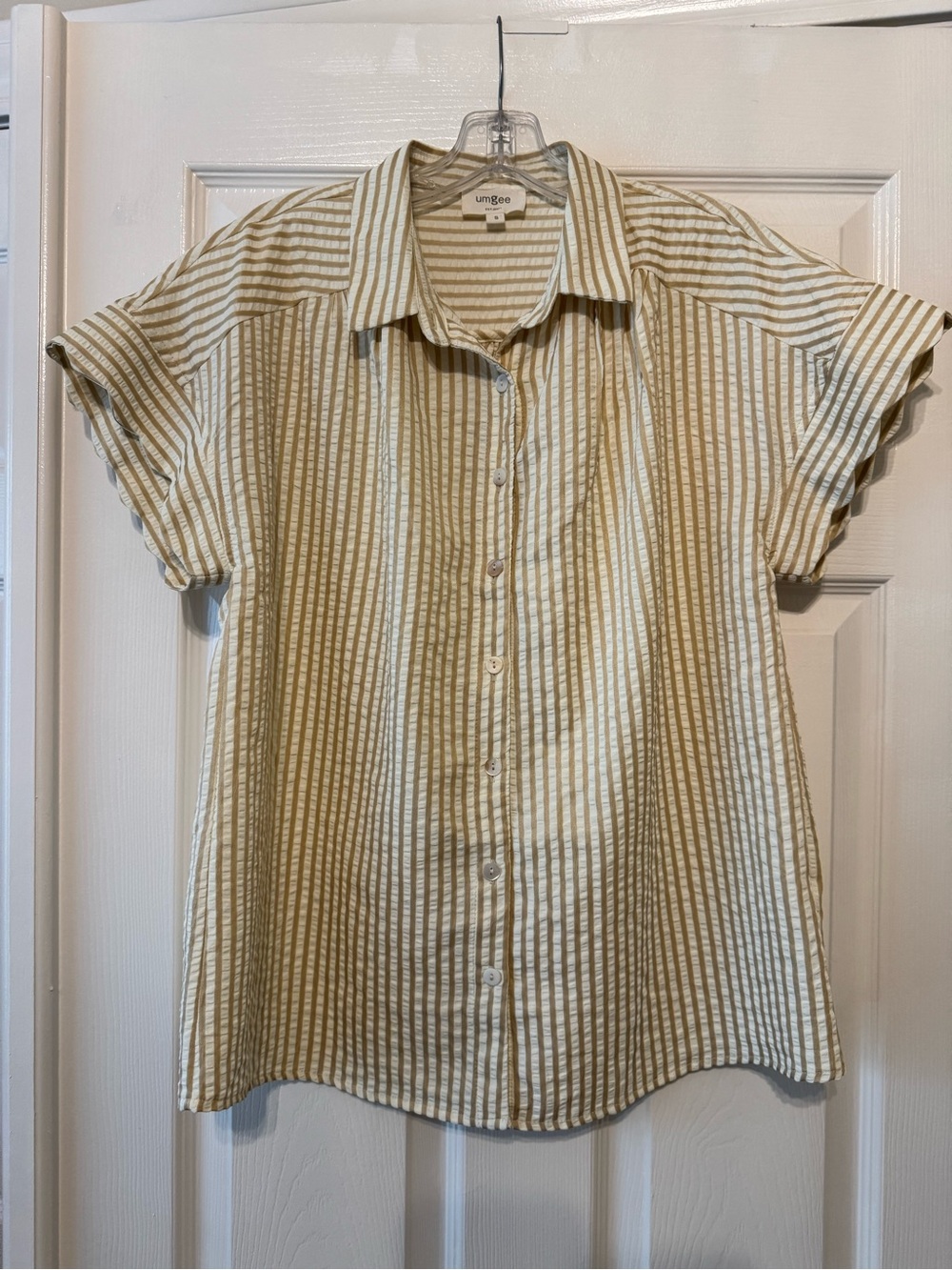Umgee Cream and Beige Striped Short-Sleeve Button Shirt